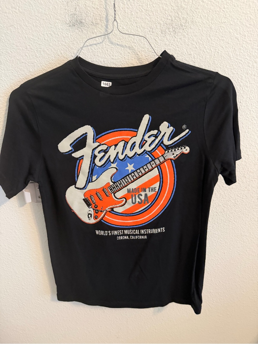 Fender Black Kids Tee with Red & Blue Guitar Graphic